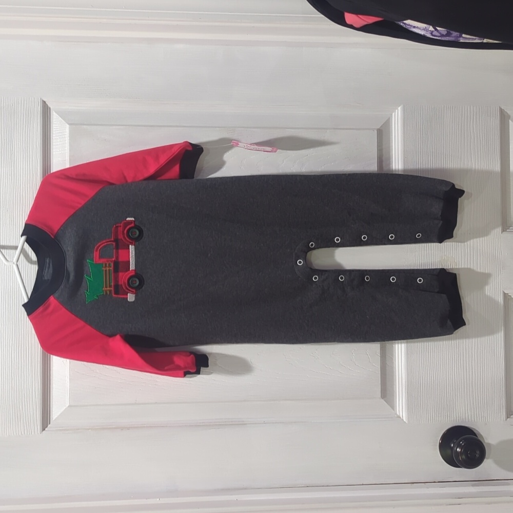 Gray and Red Baby Romper with Truck Design